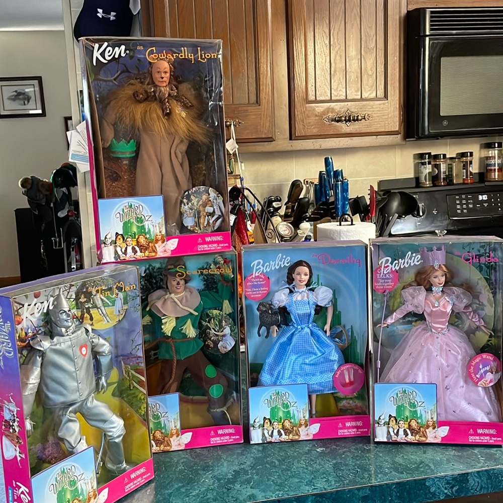 1999 Barbie and Ken Dolls dressed as Dorothy, Glinda, Scarecrow and Tin Man
